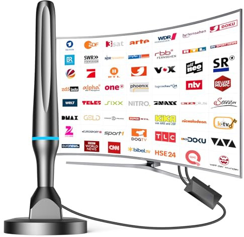 DVBT2 Antenne, zimmerantenne DVB-T & DVB-T2 Antennen mit Verstärker, Großer Reichweite und 360° Empfang, Zimmerantenne für Fernseher mit Starkem Magnetfuß, Geeignet für 4K 1080p & Alle TV-Geräte
