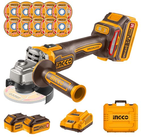 INGCO Meuleuse d'angle Sans Fil 20V, 1200W, Moteur Sans Balais, Ø125mm, Variable à 3 Vitesses 9000 tr/min avec 2 Batteries 4,0 Ah et 1 Chargeur CAGLI2212533E