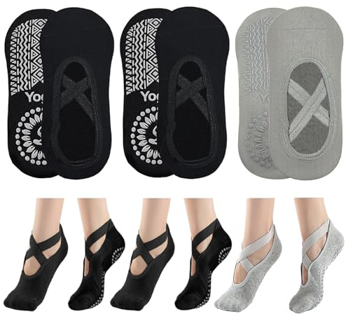 KEYRI 3 Paia Antiscivolo Pilates Calze per Donna Ragazza, Calzini Yoga Grip Calzino da Allenamento Impugnature e Cinghie Antiscivolo, Calze Traspiranti Taglia Unica Per Il Fitness