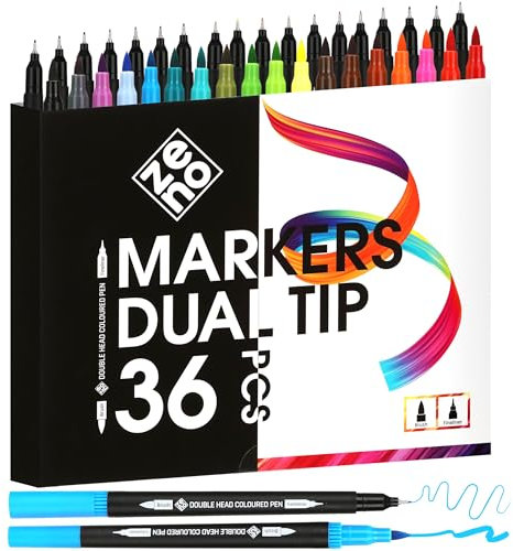 ZENO 36 Filzstifte Set mit Doppelseitiger Spitze – Dual Brush Pen für Erwachsene – Stifte Set mit Feiner Spitze und Pinselspitze für Malbücher, Mandalas und Kreative Projekte