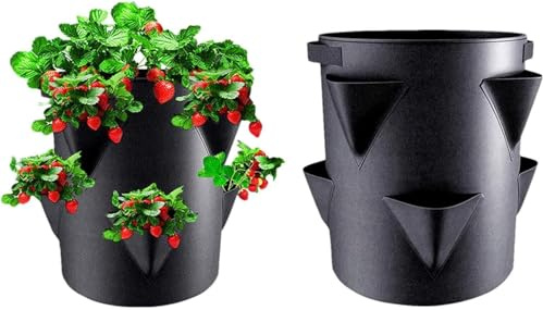 Uoqpty 2 Pack Strawberry Planter Outdoor - 7 Gallon Strawberry Grow Bags, Strawberrys Growing Pots With 6 Side Growing Pockets, Breathable Non-woven Fabric Garden Planting Pot For Vegetables, Flowers