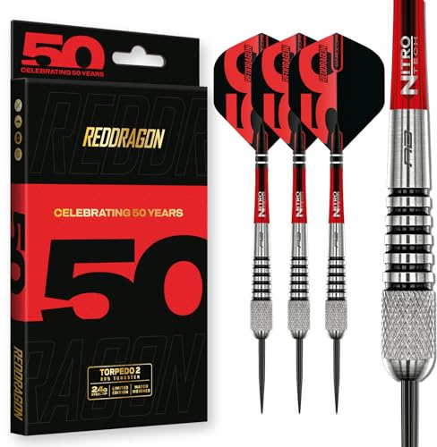 RED DRAGON Darts - 50 Year Classics Collection - Flightmaster Torpedo 2-24g 80% Tungsten - Professional Steel Tip Darts Set - Includes Dart Flights & Dart Stems (Shafts)
