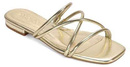 ESSEX GLAM Women's Strappy Slider Ladies Gold Synthetic Leather Flat Slip On Square Toe Summer Casual Holiday Mule Sandals Size 7