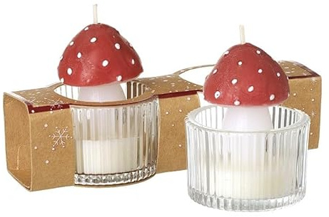 Heaven Sends Set di 2 candele a forma di fungo con supporto in vetro, candele di cera a fungo rosso e bianco, con confezione regalo, decorazione natalizia per la casa ispirata al bosco