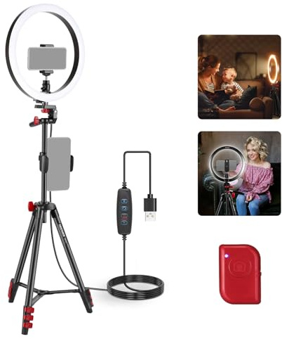 NEEWER Basics 10 Selfie Ring Light with Tripod Stand/2 Phone Holders Compatible with iPhone/QR Plate, Dimmable LED Ringlight Lighting for YouTube TikTok Vlog Video Recording Makeup Streaming, RP10-H