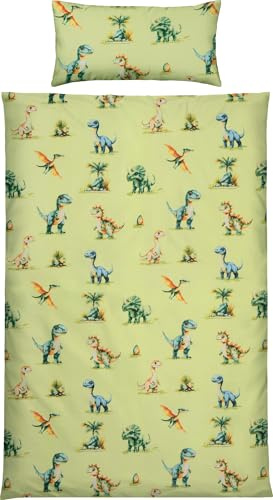 REDBEST Renforcé Kinder-Bettwäsche Dino, Dinosaurier grün Größe 40x80 cm / 135x200 cm - temperaturausgleichend, langlebig und strapazierfähig, mit Reißverschluss