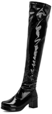 Genérico Botas de Montar Mujer por la Rodilla Tacón Ancho Cuero Charol Elegantes para Otoño Invierno Versátiles y con Estilo,Negro,41 EU