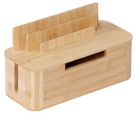 Relaxdays Kabelbox för 2 grenuttag, bambu, HBT: 16 x 30 x 13 cm, surfplatta och mobiltelefonhållare, dold kabel, natur