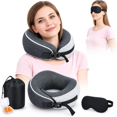 HOMIFY PLANET Memory Foam Travel Neck Pillow for Airplane, Car & Office - Neck & Chin Support Flight Pillow with Eye Mask, Earplugs & Carry Bag for Adults