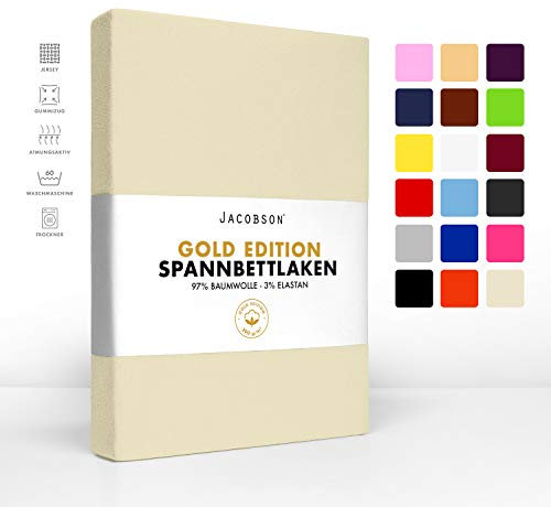 Jacobson Gold Edition Jersey Spannbettlaken Spannbetttuch Baumwolle mit ELASTAN ca. 200 g/m² (180x200 cm - 200x200 cm, Natur)