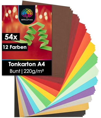 OfficeTree 54 x Tonkarton A4 Bunt - 220g Bastelkarton Bunt - 10 Farben - Bunte Pappe zum Basteln und Gestalten - Plus 2 Gold- und 2 Silberbögen
