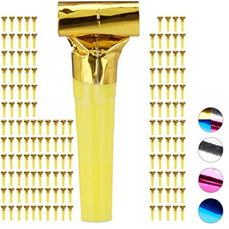 Relaxdays 150 x Partytröten, Luftrüssel Kinder, Tröten Kindergeburtstag, Party Pack Krachmacher, Blasrüssel, Gold