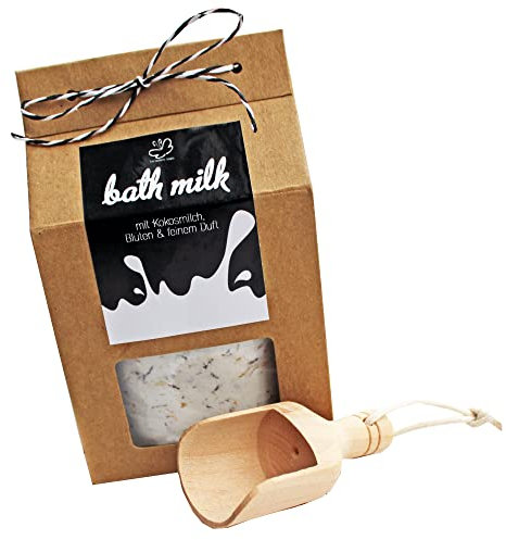 Bademilch mit Blüten (vegan) | Milch Bad mit Blüten inkl. Mini Holzschaufel & Organza Sachet