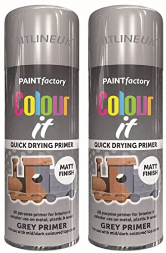 HitlineUK 2 x 400ml Grey Primer Spray Paint – Multi-Purpose Matt Finish for Wood, Metal & Plastic – Quick-Dry Interior & Exterior Use – Smooth All-Purpose Aerosol Primer