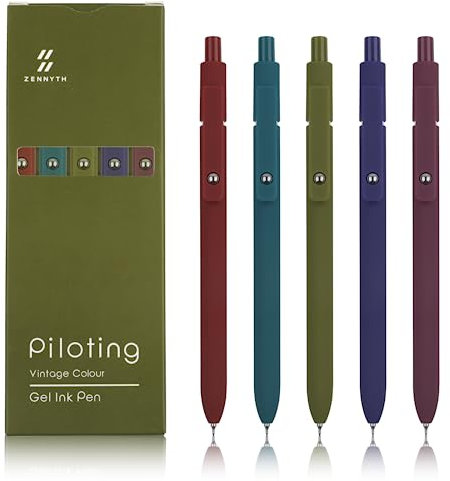 Kugelschreiber - 5 Stück Einziehbare und Tragbare Gelstifte, 0,5 mm Feine Spitze, Schwarz Kugelschreiber Set mit Schnell Trocknende Tinte, Glatte Gelschreiber für Schule, Büro, Zuhause (Vintage-Stil)