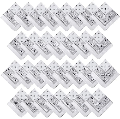 Handepo 30 Pcs Bandanas Bulk Paisley Bandanas Unisex Cowboy Head Wrap Scarf Headband Handkerchief for Women Men(White)