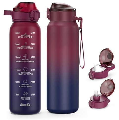 SLUXKE Insulated Water Bottle 32oz with 2Lids(Straw Lid & Spout Lid), 1L Double Walled Water Bottle with Time Marker, 1000ml Stainless Steel Metal Flask for Fitness, Gym and Outdoor RED BLACK