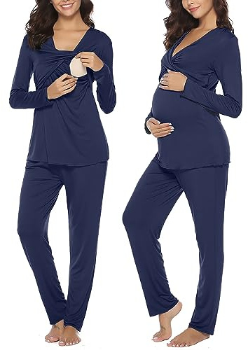 Irdcomps amningskyjamas, dam, lång amningskyjamas, bomull, gravidpyjamas, amningsfunktion, nattkläder, långärmad, vinter, S–XL, Marinblå, S