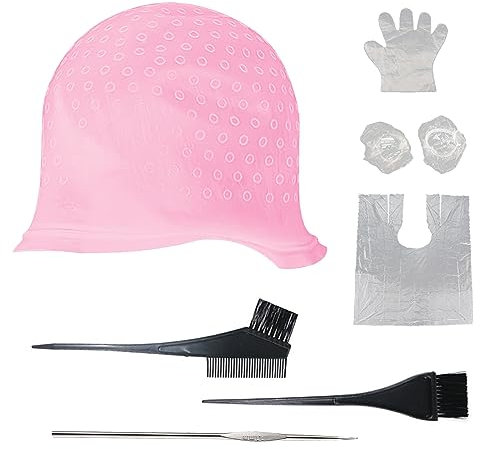 SKHAOVS 7 Pezzi Cuffia Per Capelli Strumento Per Lo Styling Frosting Cap Dei Capelli con Uncinetto e Spazzola Cappello in Silicone Tintura Cappuccio per Meches Colorazione