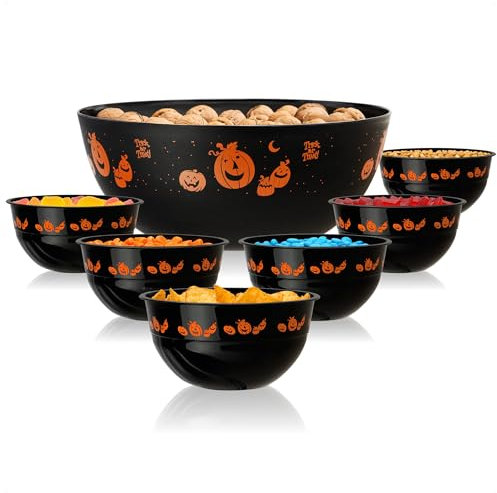com-four® 7-teiliges Set Snackschalen Halloween - Set Snackgeschirr aus großer Schüssel und passenden Schalen - Party-Geschirr aus Kunststoff für Halloween (7 Stück - Kürbisse)