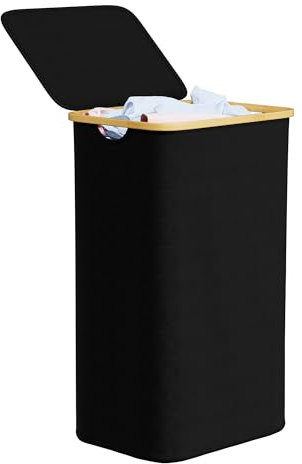 SpaceAid Laundry Hamper with Lid, 110L Large Tall Clothes Basket Bin with Bamboo Handles, Collapsible Laundry Hamper for Bedroom, Bathroom, Dorm, Laundry Room - Black