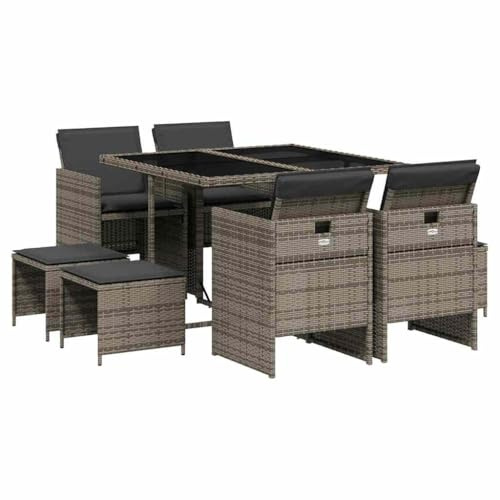 vidaXL Ensemble à Manger de Jardin avec Coussins 9 pcs, Table et Chaise de Terrasse, Meubles de Patio, Mobilier d'Extérieur, Gris Résine Tressée