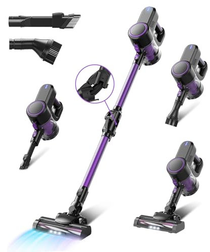 Cyansharp Aspiradora sin Cable, Aspiradora Inalámbrico Manguera metálica, Autonomía 35 Mins 6-en-1 Aspirador Escoba sin Cable Ligera para Hogar Suelos Alfombras Pelo de Mascotas (Púrpura)