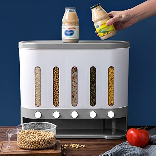 JDBDU spannmålsdispenser väggmonterad müslidispenser kitch, cornflakes dispenser flingor dispenser med mätkoppar, 5 rutnät müsli-dispenser för havre, socker, nötter, torra spannmål, kaffebönor