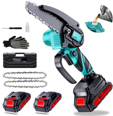 Olubfdh Mini motosierra eléctrica con batería de 4000 mAh, 6 pulgadas, con engrasador automático y 2 baterías de 2000 mAh, batería para tijeras de podar, tijeras de podar, corte de madera