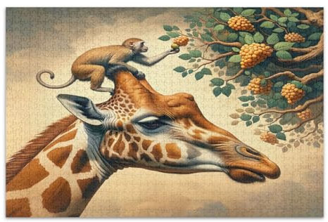 Giraffe Monkey Tree Beige Jigsaw Puzzles, Puzzles for Adults, with Letters on Back, Puzzles 1000 Pieces for Adults