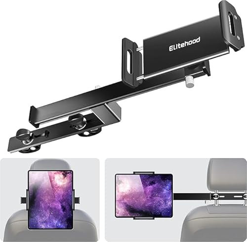 elitehood Headrest Car Tablet Holder - [Long Aluminum Extension Arm] [Ultra-Compact] Foldable iPad Holder for Car Back Seat, Road Trip Essentials iPad Backseat Mount, Tablet Headrest Mount for Kids