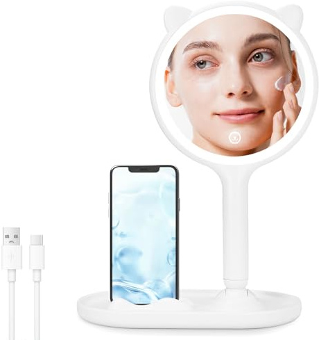 Cuteefun Specchio Trucco con Luci, Specchio D'Ingrandimento Bifacciale 1X/5X, Da Tavolo e Manuale, 3 Colori di Luce LED, Touch Screen Dimmerabile, Ideale per Camera da Letto, Tavolo da Vanità, Bianco