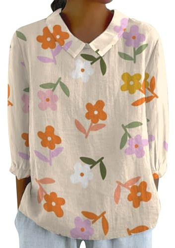 Cocila Femmes éTé Hauts RéTro Rayé Bouton ArrièRe Haut Ample DéContracté Coton Et Lin Chemise à Manches 3/4 Robe Indienne Tunique Grande Taille Femme 52 54 56 Chemisier Dentelle Femme VêTements