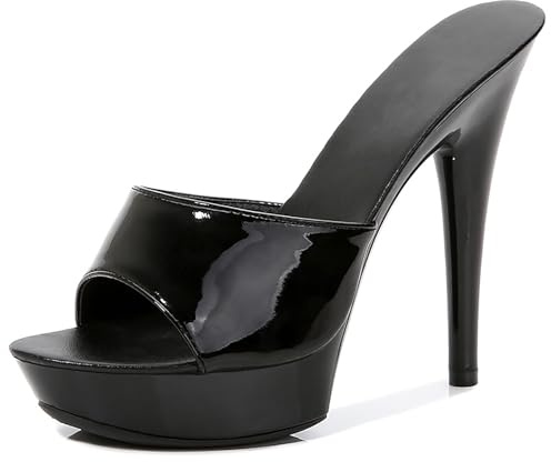QEOSNBX Women Fish Mouth Sky High Heel Platform Sexy Party Slides Round Open Toe Slip On High Heeled Backless Prom Sandals Fashion Stiletto Dress Bridal Evening Shoes (Black,8)