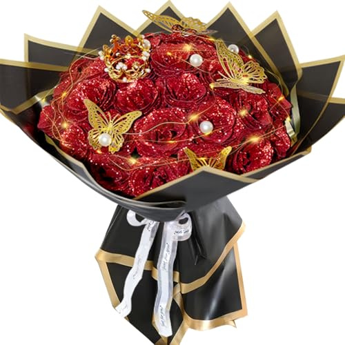 Red Glitter Roses Bouquet Shiny Fake Glitter Flowers Artificial Rose 24pcs