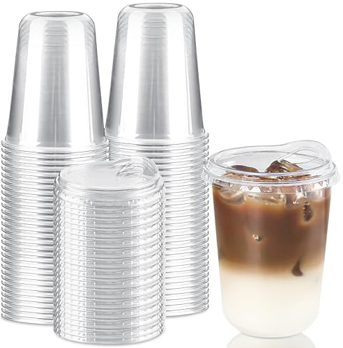 Qeirudu 16 Oz Round Bottom Clear Plastic Cups with Strawless Sip Lids, 50 Pack Disposable Iced Coffee Cups To Go Cups for Cold Drinks, Smoothie, Juice, Milkshake