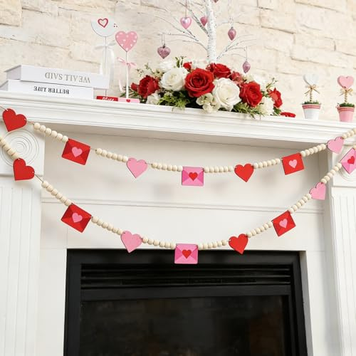 Fangoo 9.84 Ft DIY Valentines Day Garland Decorations Wood Bead Garland with Wood Hearts Envelope Hanging String Banner Fireplace Mantel Walls for Wedding Anniversary Birthday Party Supplies