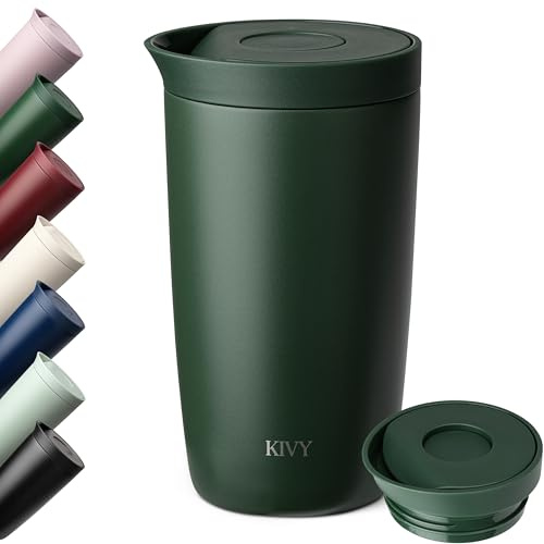 KIVY Termo de Café 350ml [CIERRE QUICK PRESS] - Vaso Termico - Taza Termica Llevar - Para Bebidas Frías & Calientes - Travel Mug - Sin BPA & A Prueba de Fugas - Doble Pared & Acero Inoxidable - Vert