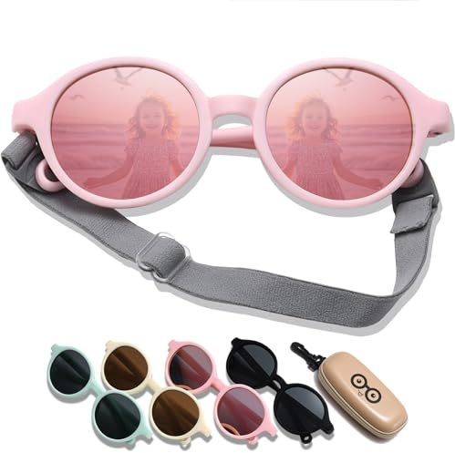 D Lolylad Gafas de sol para bebés de 0 a 36 meses, polarizadas para niños, protección UV400 con correa, ajustables, para niñas, niños, niños pequeños (marco rosa/película de color)