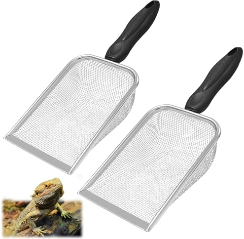 Minfuerang 2Pcs Paletta per Sabbia per Rettili, Maglia Fine 2X2 mm, Paletta per Lettiera, Setaccio per Sabbia in Acciaio Inossidabile per Terrari,Criceti, Uccelli, Rettili, Gatti (2)