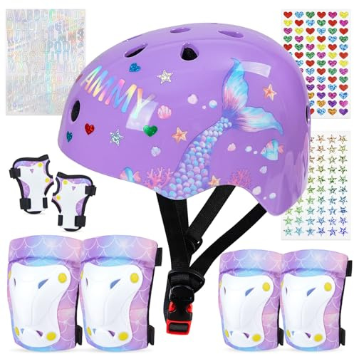 Kinderhelm für 3-8 Jahre,Unicorn Castle Schoner Set Verstellbarer Kinder Helm 7-in-1-Helm-Set, Knie Handgelenk und Ellbogenschützer für Skateboard, Skaten, Roller, Fahrrad
