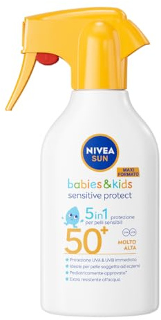NIVEA SUN Kids Sensitive Protect & Play SPF 50+ 250 ml, Crema solare spray 50+ bambini e neonati dai 6 mesi in su, Crema solare bambini resistente all'acqua, Protezione per pelle sensibili e delicate