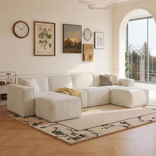 LINSY HOME Hörnsoffa med sovfunktion – 338 cm modulär bäddsoffa, U-form soffa, sektionssoffa för vardagsrum, ingen montering krävs (chenille, vit, 4 säten med 2 ottoman)