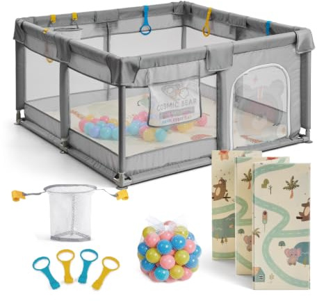 Buddy Baby Park- Parque Infantil Bebe 120x120cm + Alfombra + Agarraderas + Canasta + Bolas – Corralito Bebe con Malla Transpirable – Parque de Juegos Bebe Plegable con Puerta Lateral (Gris Marengo)