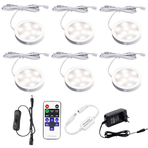 AIBOO LED Cocina Debajo de La Lámpara del Gabinete con Control Remoto Inalámbrico RF, Iluminación Empotrada Ultradelgada Redonda, 6 Packs de Luces LED para Escaparate 12V 12W(Blanco Natural 4000K)