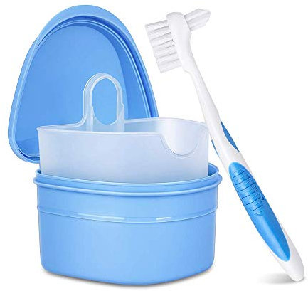 GHzzY Set de Cepillo de Limpieza para dentaduras postizas y Caja de baño para dentaduras postizas - Taza de remojo para Limpieza de baños de dentaduras postizas con colador