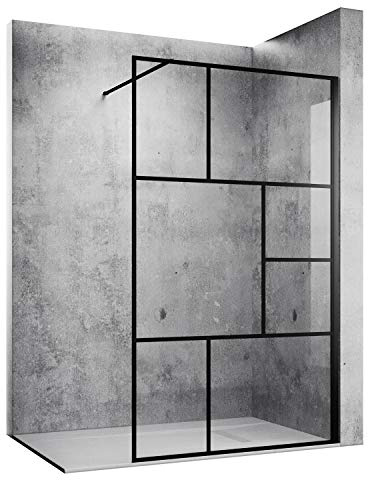 SONNI Duschvägg 100 x 200 cm, Walk in svart ramstil av 8 mm nanosäkerhetsglas, ESG-duschavskiljare med stabilisator, kan monteras på duschkoppar eller golv