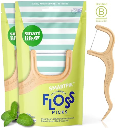 SmartLifeco Eco-Friendly Dental Floss Picks (100ct) - Flossers Made with Straw Wheat Blend, Superior Anti-Shred Thread for Tight Gaps, Tooth Pick Stick for Adults, Soft on Gum & Teeth, Vegan, Mint
