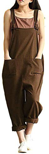 YILEEGOO Cotton Linen Dungarees for Women, Ladies Casual Overalls Baggy Wide Leg Pants Jumpsuit Playsuit (Brown#3, Medium)
