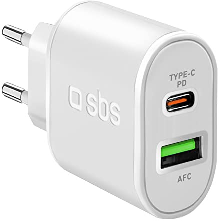 SBS caricabatterie da parete 20W a ricarica ultra rapida power delivery, con 1 porta USB-C e 1 USB, caricatore da muro per iPhone, Samsung, Oppo, Xiaomi, Huawei, e-reader, auricolari, tablet